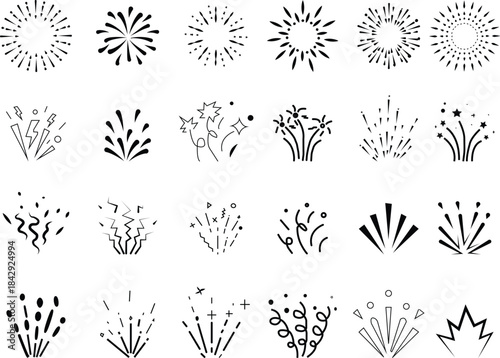 Minimal fireworks icon set in flat and line style, festive explosion symbol featuring celebration burst graphics and decorative spark effect monochrome and gold outline vector illustration pack