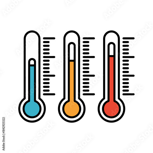 Three thermometers with distinct temperature readings rendered in clean vector format, emphasizing climate variation, measurement accuracy, simple graphics, and modern design for educational charts an