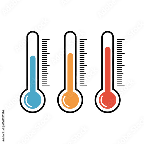 Three thermometers with distinct temperature readings rendered in clean vector format, emphasizing climate variation, measurement accuracy, simple graphics, and modern design for educational charts an