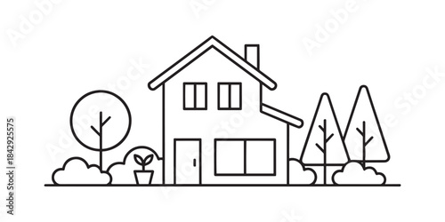 A simple outline illustration of a two-story house surrounded by garden plants and trees
