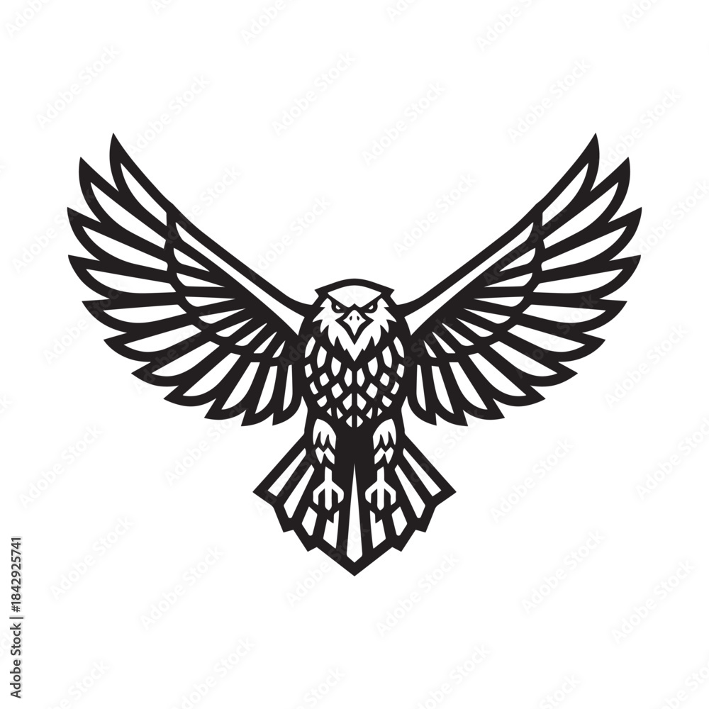Fototapeta premium Stylized majestic eagle in flight, black and white logo design with spread wings