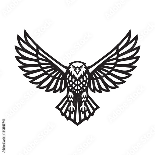 Stylized majestic eagle in flight, black and white logo design with spread wings