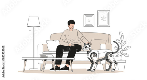 A serene moment in a minimalist living room: Man bonds with his robotic feline companion