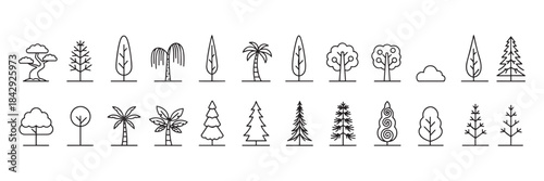 A diverse set of minimalist tree icons representing different species