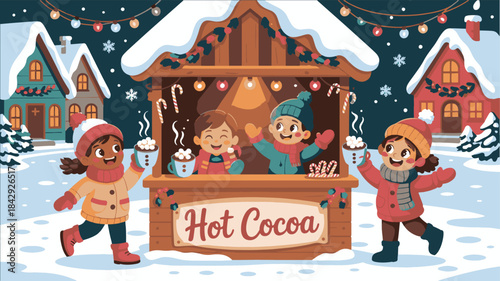 Cheerful Kids at Christmas Market Hot Cocoa Stand: Winter Village Night Scene Illustration with Festive Lights and Snow.