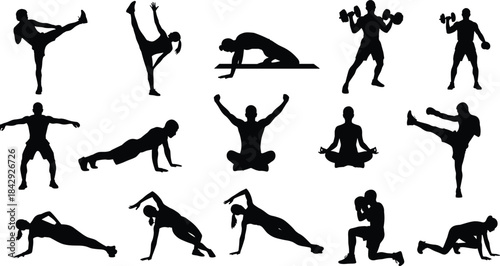 Fitness workout exercise silhouette bundle featuring yoga poses strength training stretching aerobics pilates martial arts kicks for vector design projects