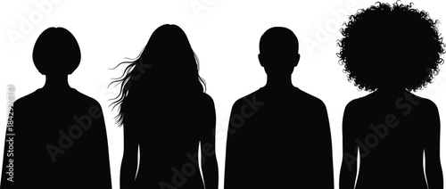 Group of diverse people silhouettes standing together, showcasing different hairstyles and body shapes for identity, diversity, community, avatar and design concepts