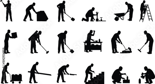 Set of construction worker silhouettes performing various labor tasks, tools and equipment actions, illustrating building work, manual labor, craftsmanship and industrial job activities