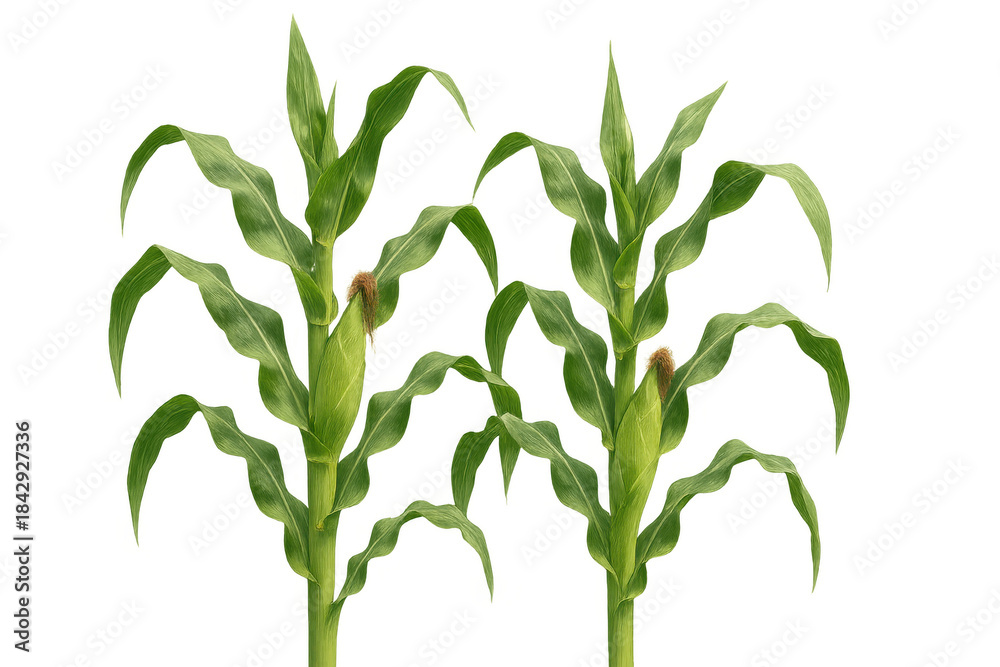 Obraz premium Green corn plants growing with young ears on transparent background, symbolizing agriculture and harvest