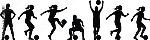 Silhouettes of soccer players performing various football actions, including kicking, dribbling, controlling ball, celebrating and posing, athletic sports movement illustration for design use