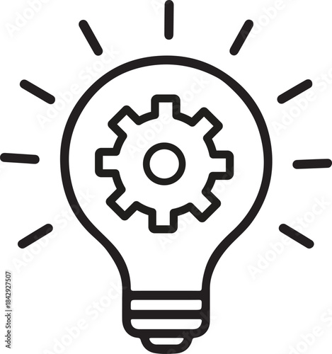 ight bulb icon with a gear inside, symbolizing innovation, engineering ideas, and creative problem-solving. Black line art design on a white background for business and technology.