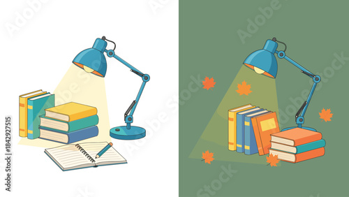Study desk illustration with lamp, stacked books and open notebook in summer and autumn themes, showing seasonal contrast, learning atmosphere and workspace design