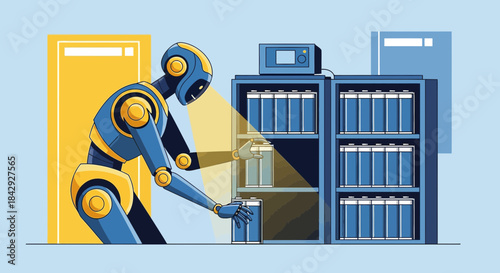 Automated power: A robot carefully handling batteries in a storage facility for a sustainable