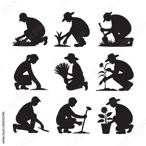 Black Vector Set of People Working in the Garden or Farm