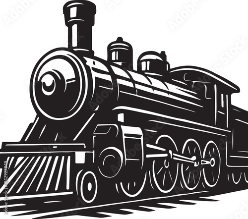 Vintage steam locomotive engine illustration in black and white. Classic railway transport icon showing a powerful steam train on tracks for travel and history themes.