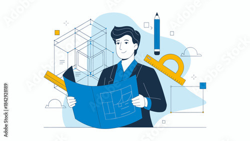 architect holding a blueprint with a wireframe model vector illustration, strategic planning concept