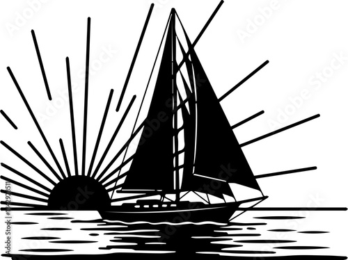 Majestic sailboat silhouette sailing into the radiant sunset, promising adventure and escape, perfect for travel brochures and nautical designs