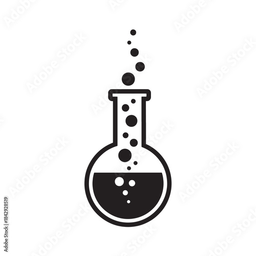 Black Laboratory Flask with Bubbles on White Background