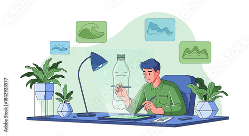 Creative artist refining water concept designs with a digital tablet in studio environment