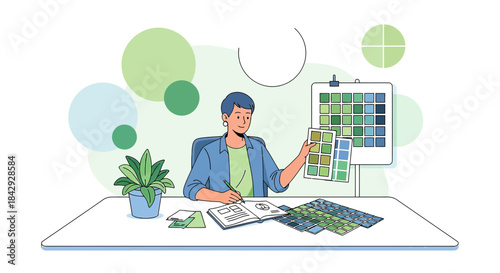 Creative designer selecting a color palette at their desk with a sketchbook and plant