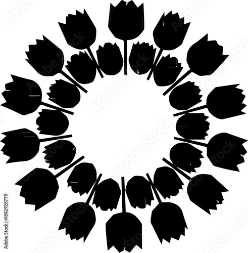 Elegant floral wreath design with tulip silhouettes, perfect for springtime greetings, invitations, or botanical themes, originally vector graphics