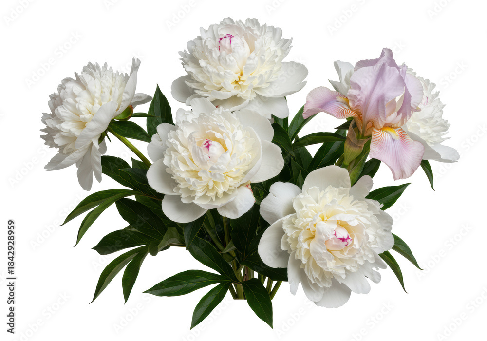 Fototapeta premium Lavish bouquet: white peonies, deep green leaves, slender light pink and white iris, isolated on transparent background with copy space, concept of tranquil floral elegance