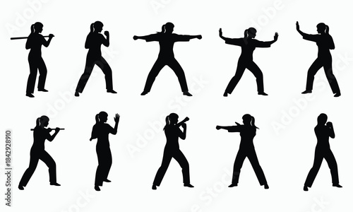 Dynamic silhouettes of martial artists performing various kicks and fighting stances