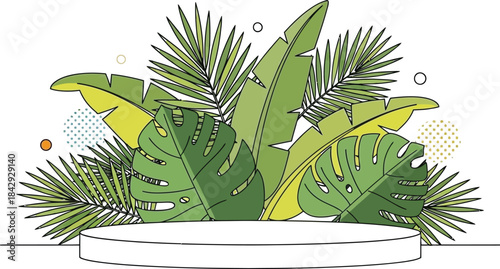 A minimalist stage with tropical leaves and a cylindrical platform display