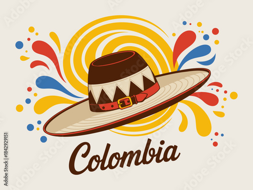 Colorful Colombian sombrero aguadeño vector artwork highlighting traditional patterns, cultural identity, folk craftsmanship, and expressive national style perfect for tourism materials, cultural grap