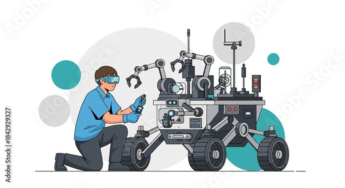 Engineer remotely controlling a futuristic mars rover, illustration showcasing technological