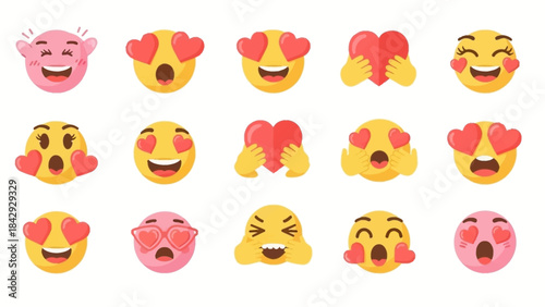 Digital collection of diverse emoticons expressing love and joyful emotions with hearts