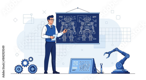 Engineer presenting robot design blueprint for engineering education and innovative technologies
