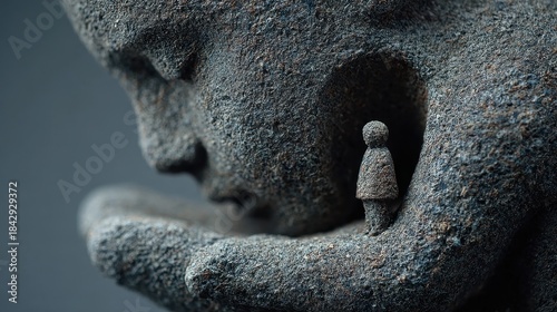 Holding a small statue with care, a larger stone sculpture exhibits a deep connection and respect toward its smaller counterpart in soft natural light