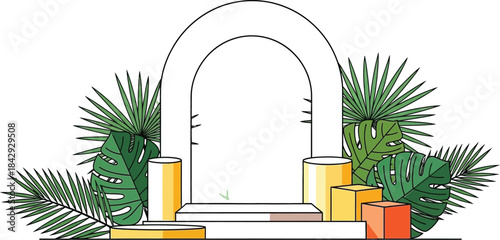 A minimalist archway with tropical foliage and geometric pedestal display
