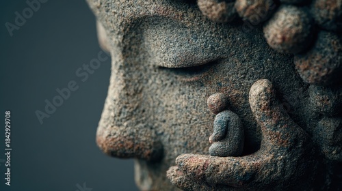 Holding a small statue with care, a larger stone sculpture exhibits a deep connection and respect toward its smaller counterpart in soft natural light