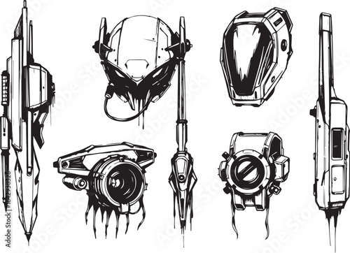 Mechanism set, retro, vintage, steampunk, cyberpunk, decorative elements. Ideal design for social media, cover, banner, flyer, music, ads.