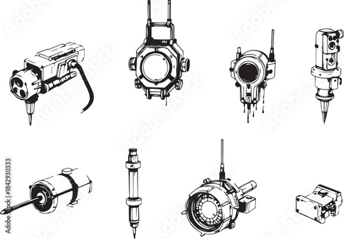 Mechanism set, retro, vintage, steampunk, cyberpunk, decorative elements. Ideal design for social media, cover, banner, flyer, music, ads.