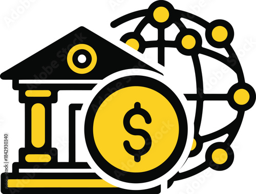 Global finance and banking concept with a stylized building, dollar coin, and network