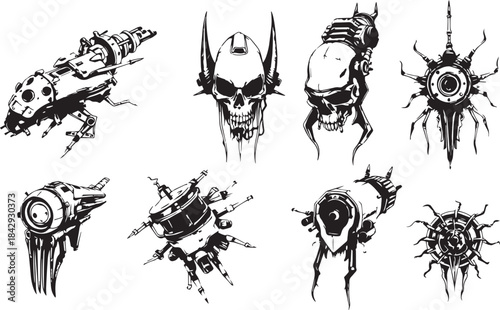 Mechanism set, retro, vintage, steampunk, cyberpunk, decorative elements. Ideal design for social media, cover, banner, flyer, music, ads.