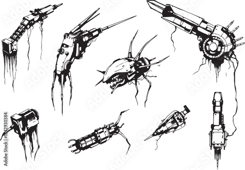 Mechanism set, retro, vintage, steampunk, cyberpunk, decorative elements. Ideal design for social media, cover, banner, flyer, music, ads.