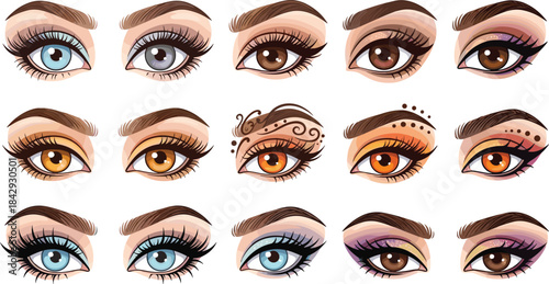 Collection of artistic eye makeup illustrations featuring diverse eyeliner styles, eyebrow shapes, and colorful cosmetic designs for beauty and fashion concepts.