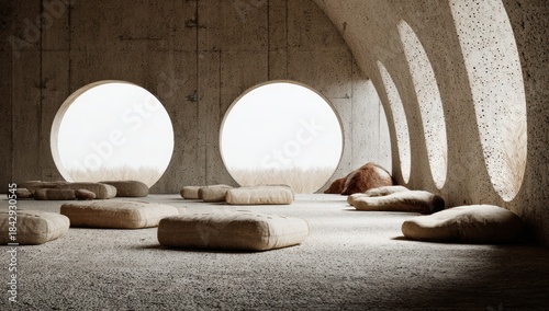 A serene interior space with oversized cushioned seating and large windows.