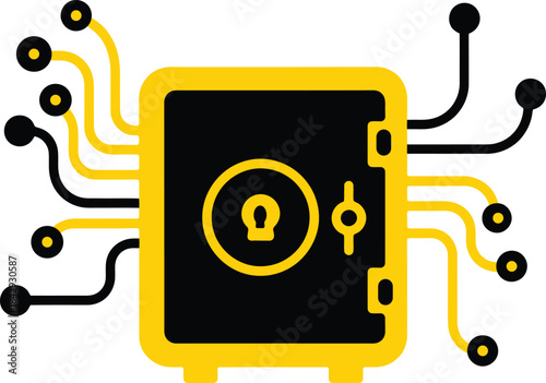 Digital safe with glowing circuits represents secure data and technology