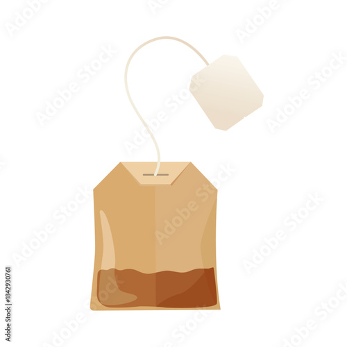 “Flat Vector Illustration of a Used Tea Bag with Tag and String”