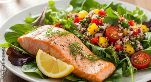 Healthy meal of grilled salmon salad greens lemon and quinoa on plate for balanced diet