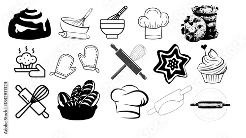 Baking Kitchen Tools and Pastry Silhouette Icon Set