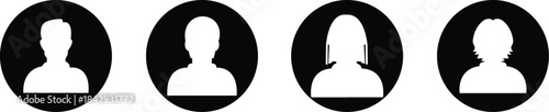 Black profile avatar icon set in flat and line style, user silhouette collection featuring male and female headshot pictogram for interface, contact and account graphics, minimal monochrome vector pac