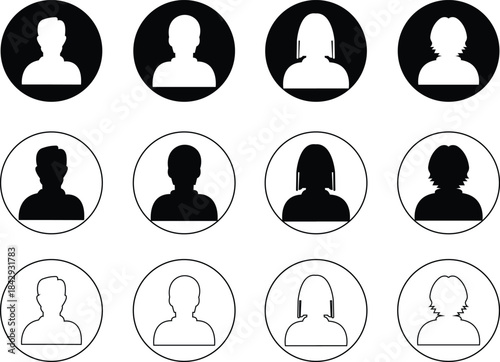 Black profile avatar icon set in flat and line style, user silhouette collection featuring male and female headshot pictogram for interface, contact and account graphics, minimal monochrome vector pac