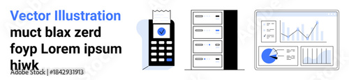 Payment terminal processing receipt, server stack for hosting, analytics dashboard with charts and graphs. Ideal for finance, data, technology, business, analytics, research simple landing page