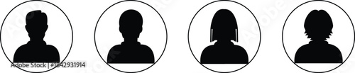 Black profile avatar icon set in flat and line style, user silhouette collection featuring male and female headshot pictogram for interface, contact and account graphics, minimal monochrome vector pac